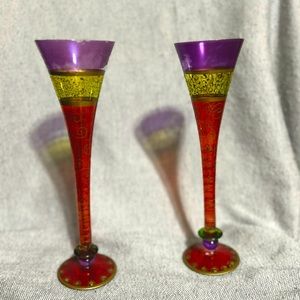 2 Collectible Pier 1 HandPainted Gold Champagne Flutes Bohemian Rare Purple Top